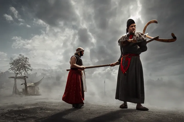 Image similar to theatre stage, romanian man in traditional romanian clothing with scythe, people, traditional romanian clothing, concept art, dramatic lighting, beautiful, volumetric lighting, colorful, octane render