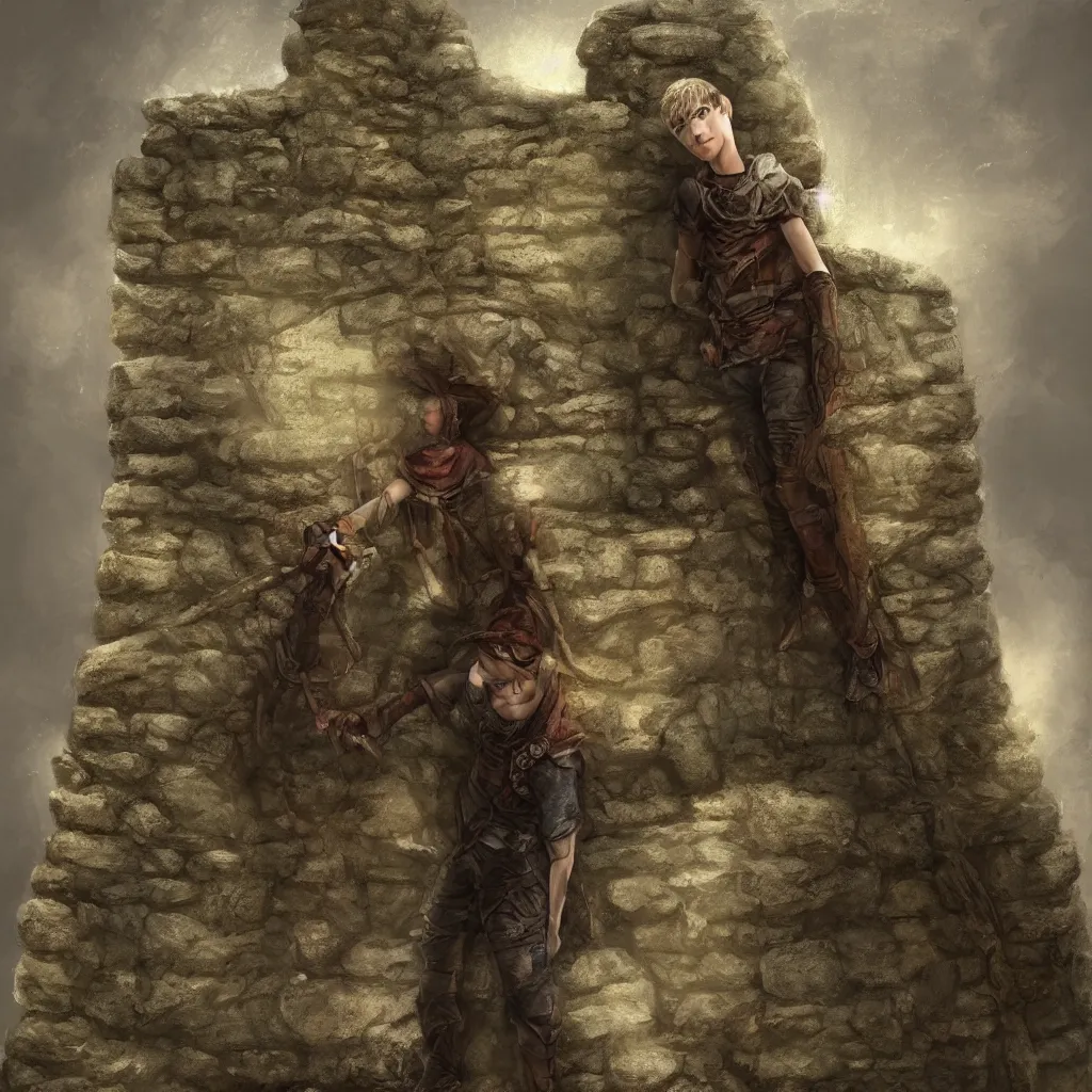 Image similar to a teenage boy standing before a stone wall, fantasy concept art, cinematic framing, cinematic lighting, movie poster art, digital art, intricately detailed, blockbuster movie art, cinematic framing