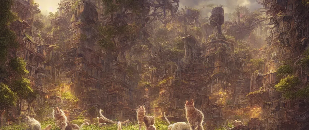 Prompt: A beautiful illustration of a civilization of anthropomorphic Feline warriors by Mike Winkelmann | Graphic Novel, Visual Novel, Colored Pencil, Comic Book:.3 | unreal engine:.5 | establishing shot