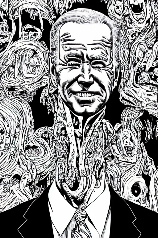 Image similar to Joe Biden full body portrait, body horror, black and white Illustration by Junji Ito