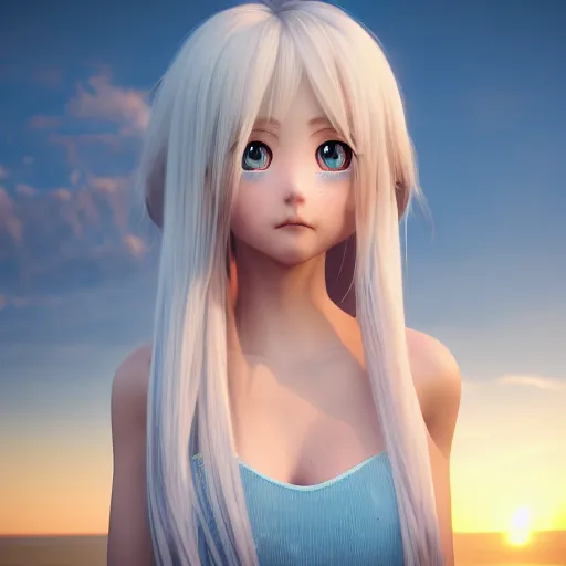 Image similar to Render of a beautiful 3d anime woman, long white hair, blue eyes, cute freckles, blush, full round face, soft smile, cute sundress, golden hour, serene beach setting, medium shot, mid-shot, hyperdetailed, trending on Artstation, Unreal Engine 4k