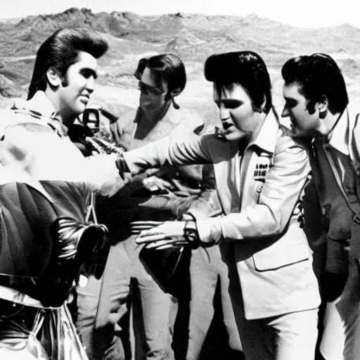 Prompt: photograph of elvis meeting aliens from another world, in alien spaceship