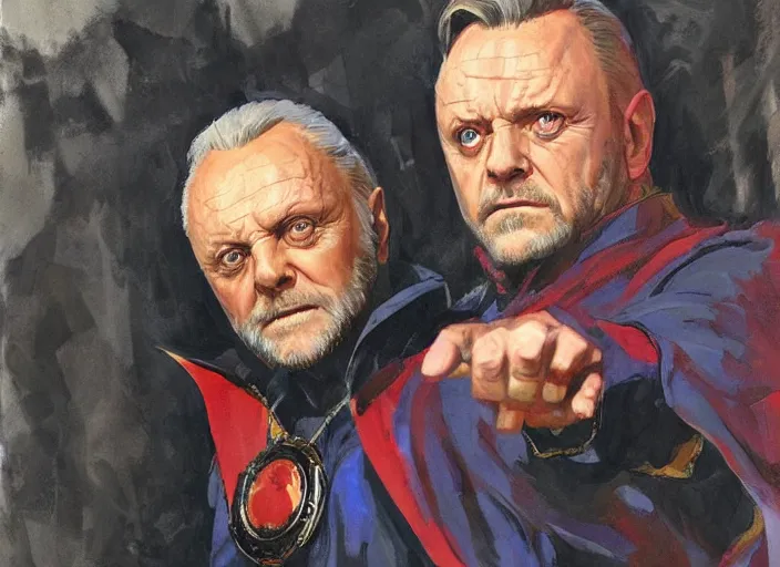 Image similar to a highly detailed beautiful portrait of anthony hopkins as dr strange, by gregory manchess, james gurney, james jean