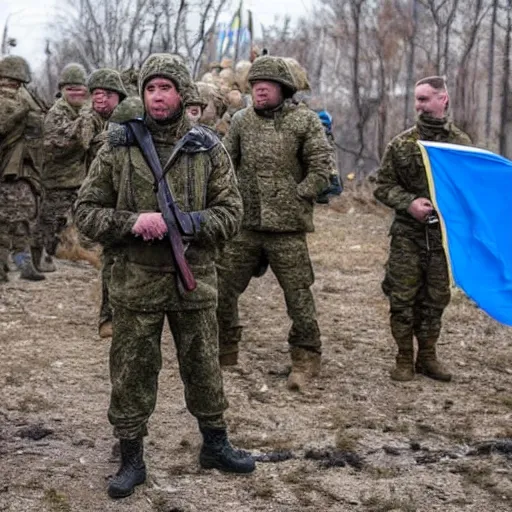 Prompt: Joe Biden fights in the azov battalion in the Ukraine War holding a ukrainian flag