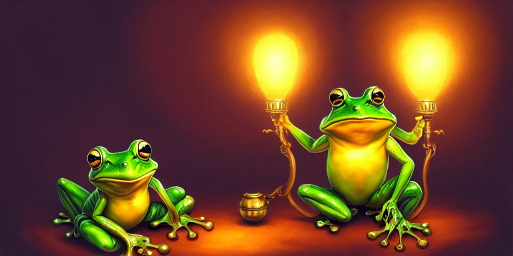 Image similar to a frog holding a lamp by justin gerard, concept art, creature design