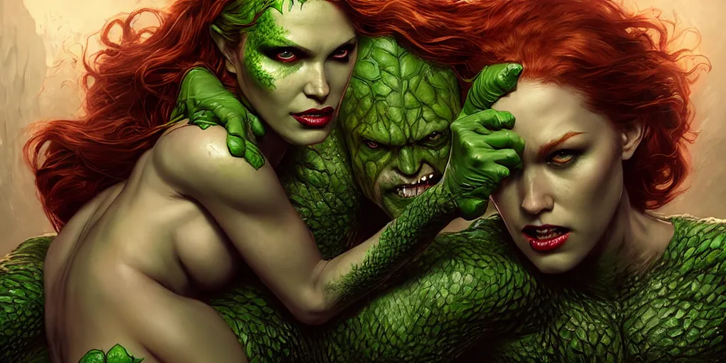 Image similar to poison ivy fighting killer croc DC comics, action and battle pose, illustration, symmetrical face and body, realistic eyes, artstation, cinematic lighting, hyperdetailed, detailed realistic symmetrical eyes, cgsociety, 8k, high resolution, Charlie Bowater, Tom Bagshaw, Norman Rockwell, insanely detailed and intricate, sewer background