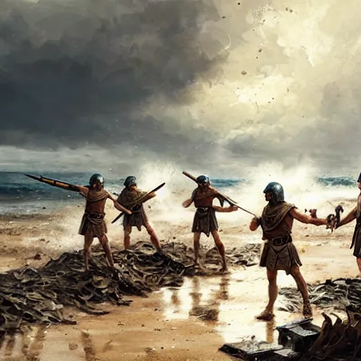 Prompt: a band of roman soldiers washing up on a sandy shore, tattered clothing, fragments of wood, crashing waves, by greg rutkowski, heroic, soaking wet, bright sun, calm sky, dramatic, realistic, detailed, ancient, artstation, artgerm, digital painting