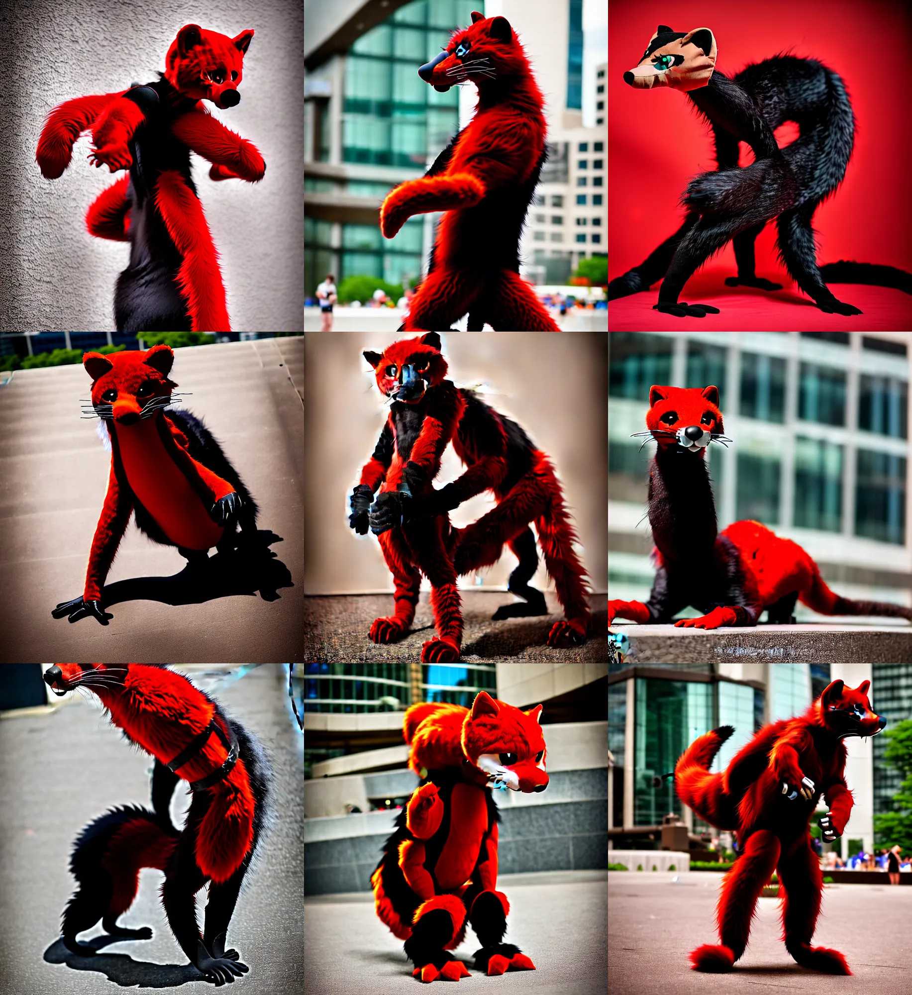 Image similar to fullbody photoshoot photo portrait of a roguish male red - black furred weasel furry fursuiter ( tail attached ), taken at anthrocon ( furry convention )