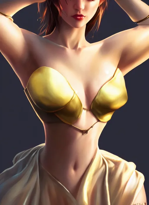 Image similar to beautiful fashion goddness, strapless dress, character portrait in the style of thomas river and artgerm, wlop, cinematic lighting, hyperdetailed, 8 k realistic, symmetrical, global illumination, radiant light, halo, love and mercy, frostbite 3 engine, cryengine, dof, trending on artstation, digital art, chanel