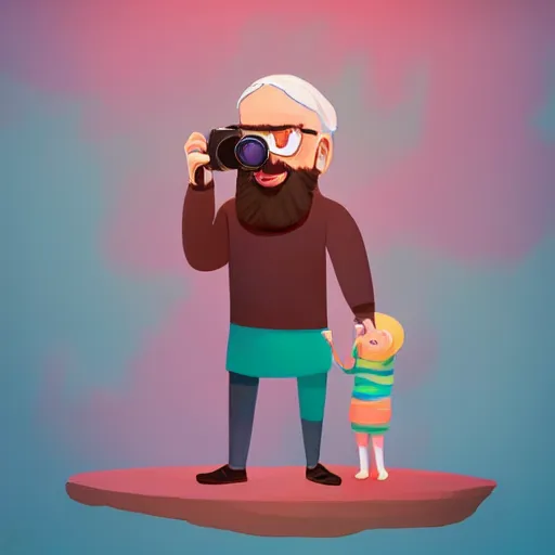 Image similar to cute cartoon character, curled perspective, digital art, beard grandpa taking a photo to a baby girl, anton fadeev