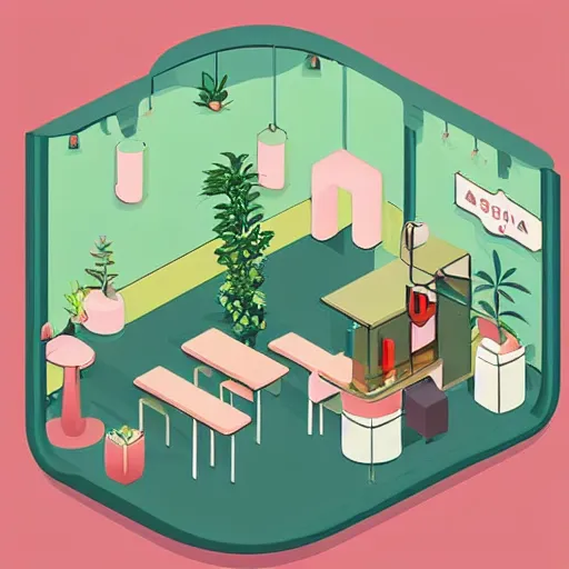 Image similar to isometric cute cartoon illustration style cafe australian, decorated with cute cannabis pot plants 🪴 utopian frontage, poster, beautiful colors pastel palette by will barnet, digital art, hyperrealistic, sharp detailed soft, render cartoon by pixar