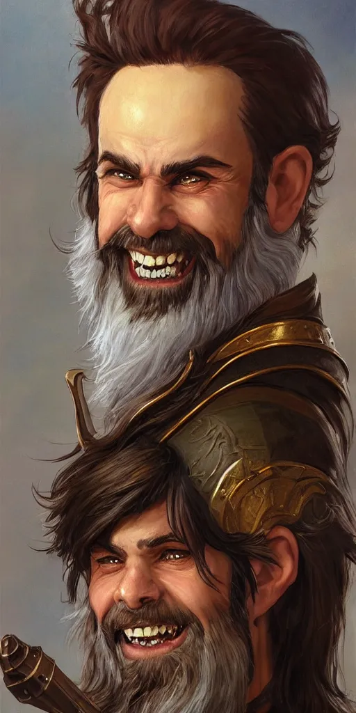 Image similar to beautiful portrait painting of a very short and small male halfing bard with brown hair with some grey hairs, full beard, ridiculous smile, from pathfinder, evil smirk, narcissist, self centered, painted by larry elmore, wayne reynolds, greg rutkowski, magic the gathering, dungeons and dragons, dishonored 2