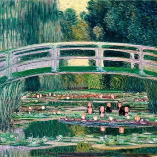 Image similar to the human centipede in the style of monet's the water lily pond