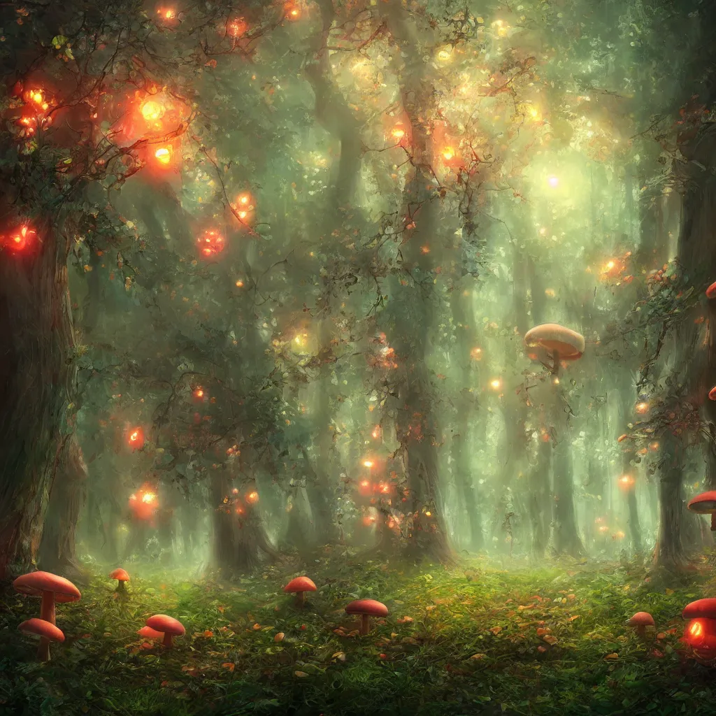 Image similar to Calm magical forest, glowing mushrooms, digital art, trending on Artstation