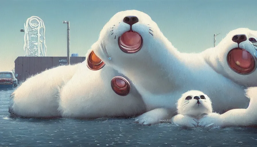 Image similar to an intricate oil painting of a giant cute white furry baby seal with by simon stalenhag