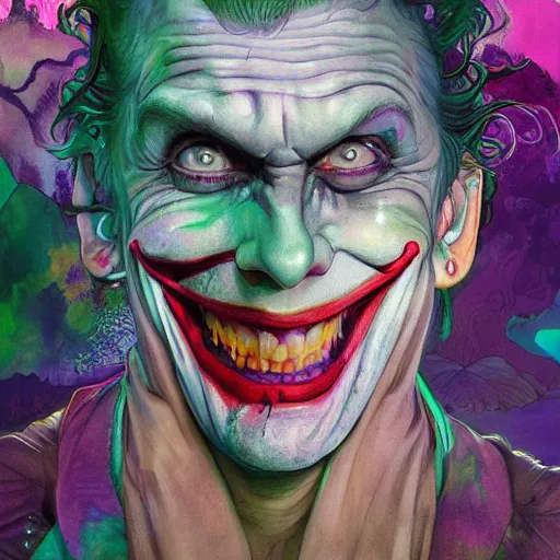 Prompt: the joker mad with laughter, epic scene dreaming acid - fueled hallucinations, psychedelic high detail, digital art, illustration, realistic award, disney concept art watercolor illustration by mandy jurgens and alphonse mucha and alena aenami