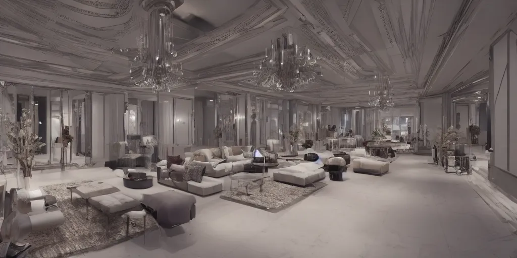 Image similar to Fashion Catwalk in a luxurious penthouse interior, concept art, rendering, hyperdetailed, unreal engine 5, 4k