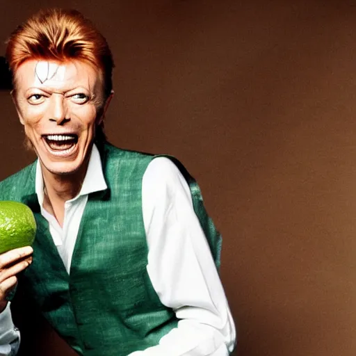 Prompt: david bowie laughing at the too many limes he is trying to carry in his hands