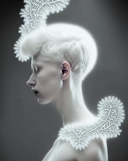 Prompt: dreamy foggy soft luminous bw art photo, beautiful young spiritual albino angelic cyborg biomechanical mandelbrot fractal porcelain profile face, very long neck, halo, white smoke atmosphere, rim light, big leaves and stems, fine foliage lace, alexander mcqueen, art nouveau fashion pearl embroidered collar, steampunk, elegant