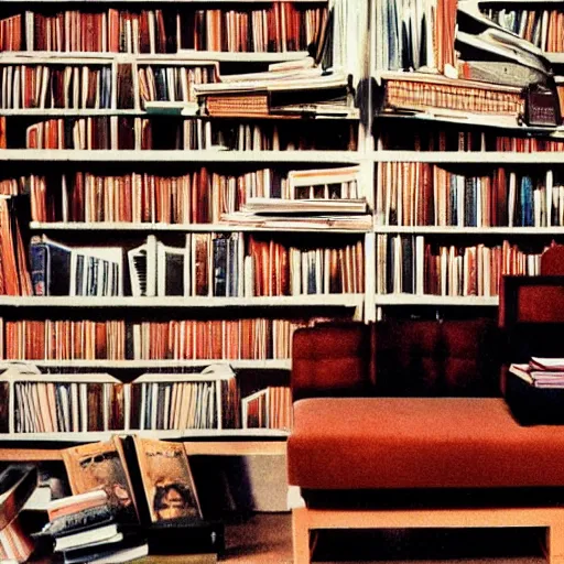 Prompt: A couch on top a stable of books by Saul Bass, print, cinema, movies, print, graphic design