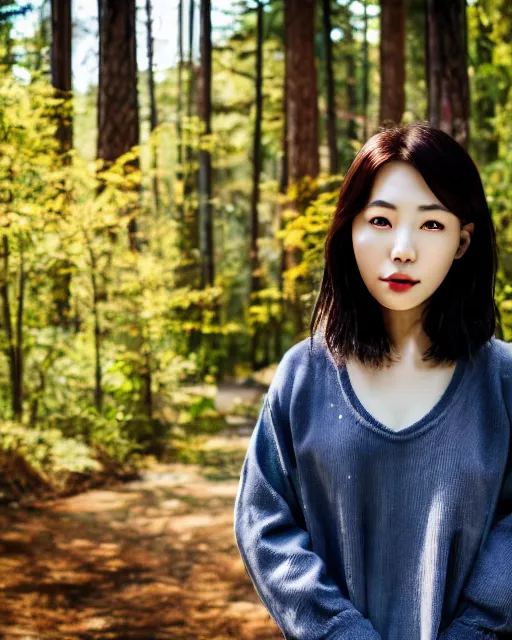 Image similar to close up portrait of an korean woman with beautiful face and modern clothes standing outside of an old cabin, forest in the background, bokeh, depth of field, dramatic lighting, cinematic, vivid colors, matte painting, vivid color scheme