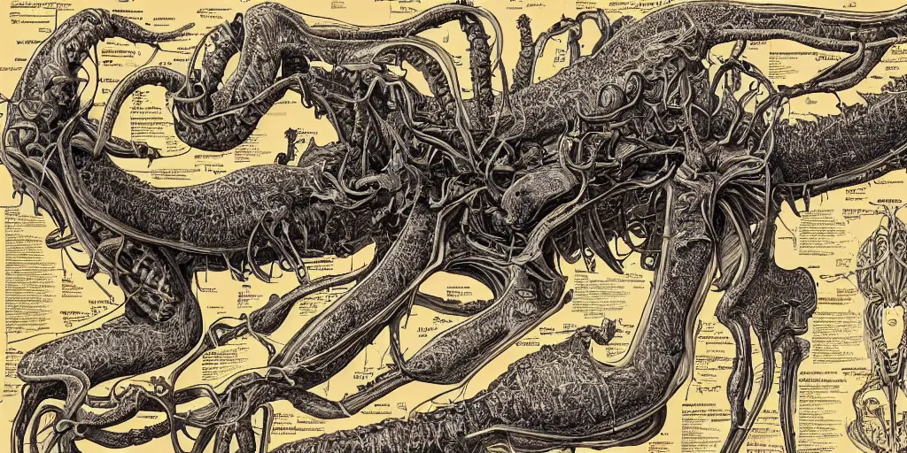 Image similar to highly detailed labeled medical anatomy poster of a eldritch beast, poster paper with notes, well - lit, ray tracing, detailed, mechanism, forbidden - knowledge, intricate details, gold and silver ink, by kentaro miura, marco bucci