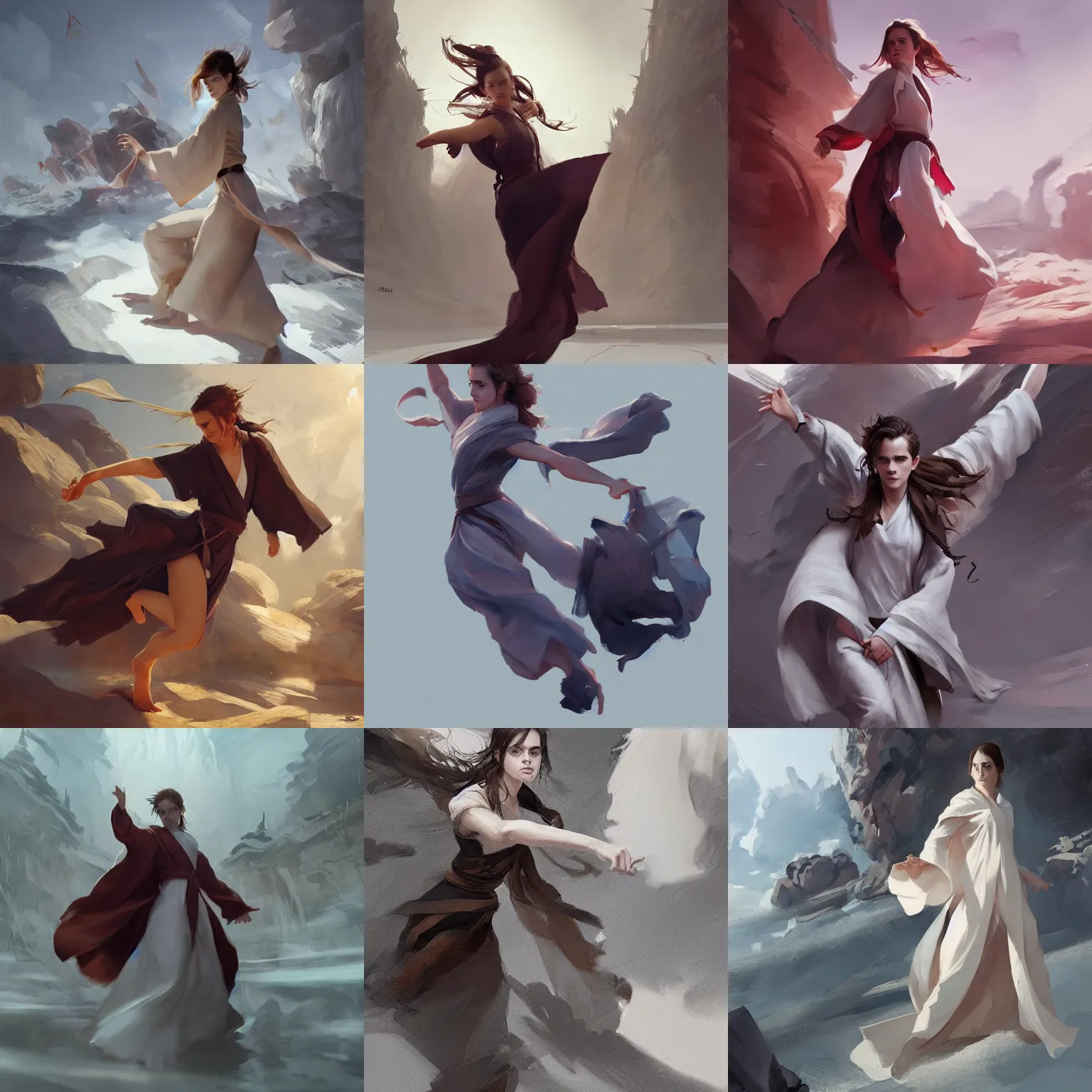 Prompt: emma watson flowing robes action motion poses taolu jianshu, nanquan, changquan, daoshu, gunshu, qiangshu, nandao and nangun sketch greg rutkowski foreshortening 3 6 0 degree