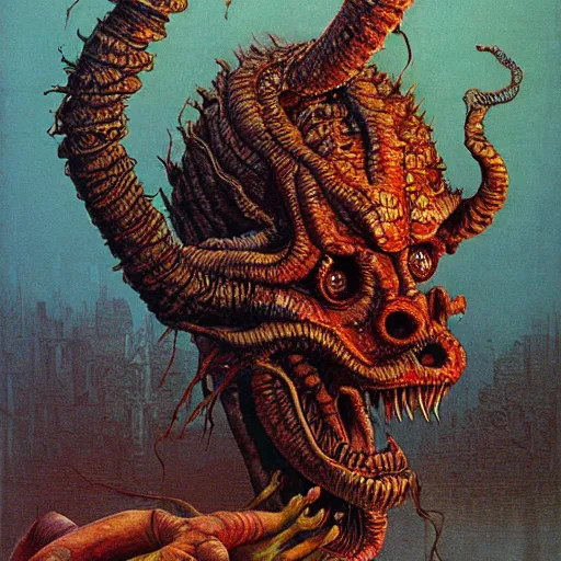 Image similar to demogorgon loves to eat bananas, art, concept art, beksinski, zdzisław