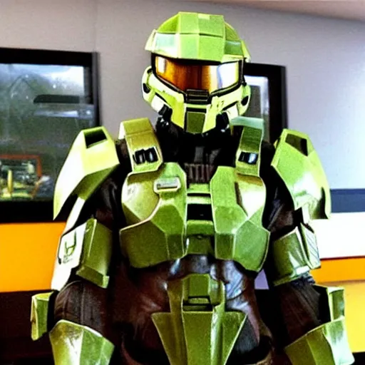 Prompt: Master Chief orders a meal from McDonalds, dated 2010