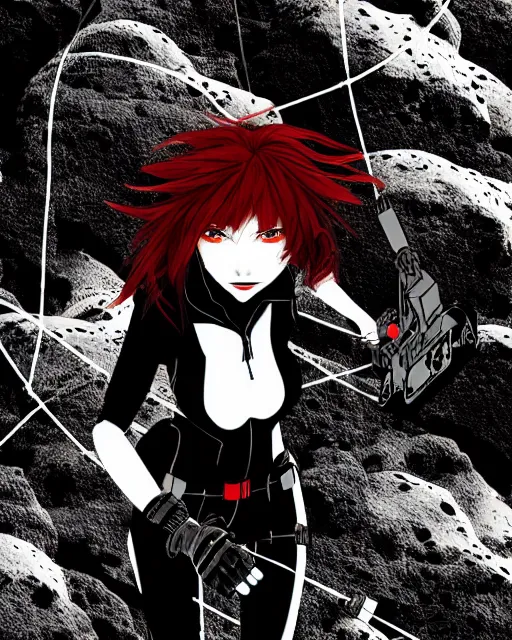 Image similar to black widow red hair flies with a parachute from everest and fires pistols at robots with techno details, by tsutomu nihei, black and white, wires clouds and destroed rocks background