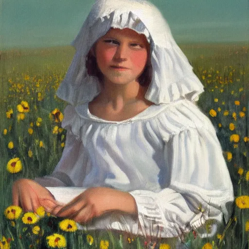 Image similar to teenage blonde pioneer girl in a meadow, white prairie dress and bonnet, oil, portrait