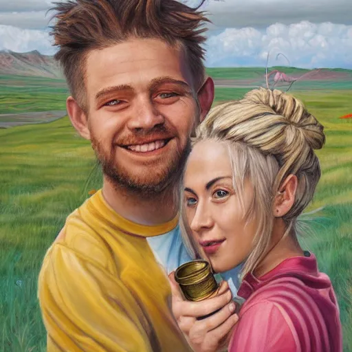 Prompt: a highly detailed painting of a young couple from the side, holding a tin can, hjalteyri iceland, summer, blonde hair, muted colors, joy, trending on artstation,