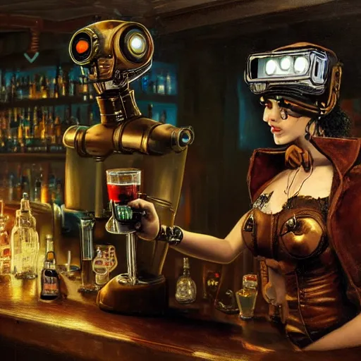 Prompt: a steampunk cyberpunk robot is at the bar and orders a drink from a TY beanie baby puppy (fluffy), cgsociety, old master.