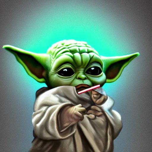 Image similar to digital illustion of baby yoda smoking a cigarette, sitting next to a discarded cigarette pack, deviantArt, artstation, artstation hq, hd, 4k resolution