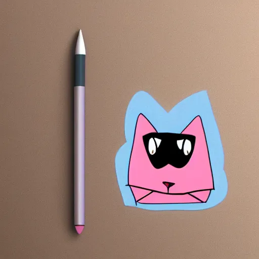 Image similar to sticker of a pink square-bodied cat with thick sharpee eyebrows and a grumpy expression on its face sitting inside a rocket ship