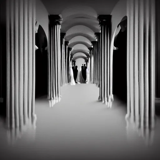 Image similar to nightmare vision, depth of field. black and white, award winning photo of smiling levitating twin nuns, wearing translucent sheet, Mary in a sanctuary, mirror hallways, eerie, tall columns, faces emerging from columns, frightening, highly detailed 8k —width 1024 —height 1024