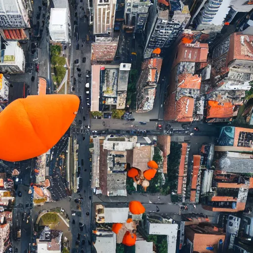 Image similar to gigantic baby wearing orange peel as a hat stands menacingly in the middle of a city, drone shot