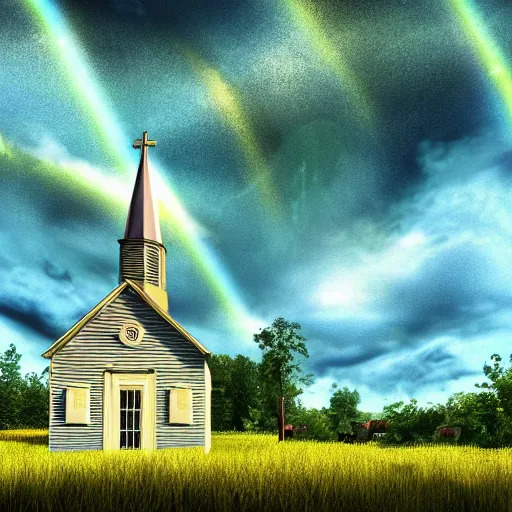 Prompt: old white church chapel with a steeple in an old green meadow and gold sparkles floating around in the air and sky, swirling clouds, swirling glowing gold dust, lush forest, idyllic landscape, sparkles, rainbow across the sky, ethereal, atmospheric, iridescent, volumetric, unreal engine, ray - tracing, film still, artstation, 8 k