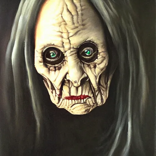 Image similar to creepy old cursed witch watching you sleep, eerie, haunted, oil painting