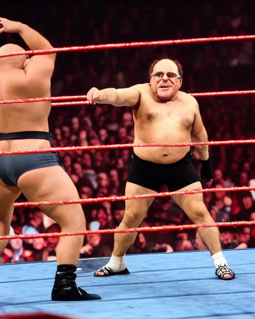 Image similar to danny devito as a wwe wrestler. photographic, photography