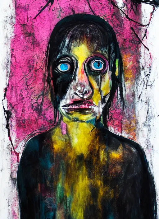 Prompt: brutal black clothes, full frame girl with white eyes, grotesque, doomed, acrylic paint, scratches and microfractures, high resolution gouache on canvas, ugly vibrant colors, grotesque, wrapped thermal background, art francis bacon