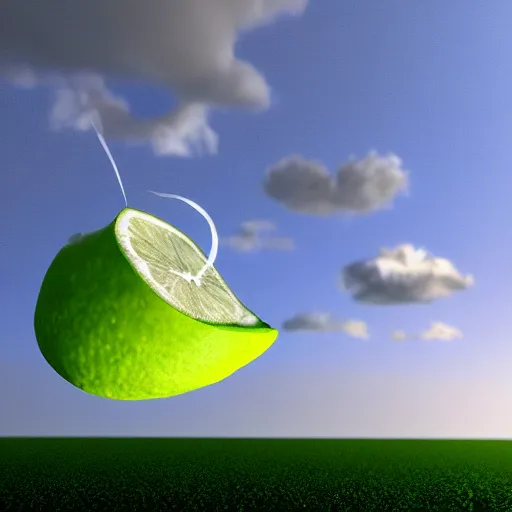 Image similar to 2 0 0 0 render of a sliced lime falling in heaven, clouds, uncanny, sleepy