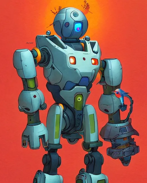 Image similar to bastion the friendly robot from overwatch, with his pet bird, character portrait, portrait, close up, concept art, intricate details, highly detailed, vintage sci - fi poster, retro future, in the style of chris foss, rodger dean, moebius, michael whelan, katsuhiro otomo, and gustave dore