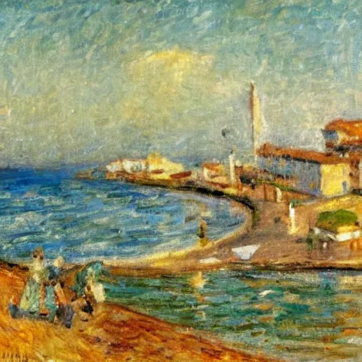 Image similar to a town by the seaside, impressionist