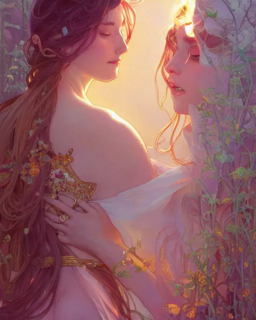 Image similar to secret romance, highly detailed, gold filigree, romantic storybook fantasy, soft cinematic lighting, award, disney concept art watercolor illustration by mandy jurgens and alphonse mucha and alena aenami, pastel color palette, featured on artstation