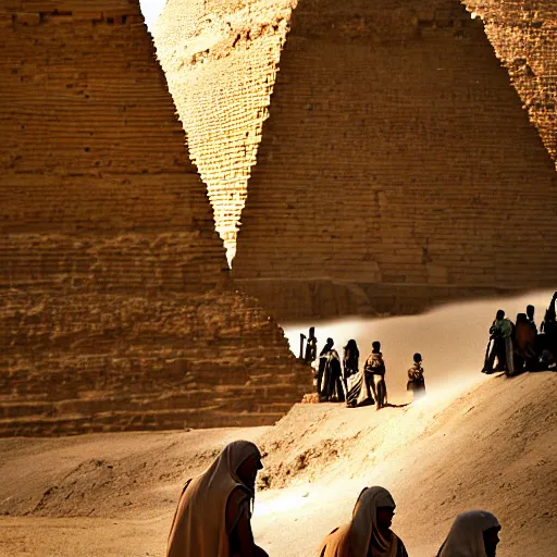 Image similar to egyptian workers wearing ancient clothing building the pyramids, historical reenactment, incredibly detailed, dramatic lighting, cinematic lens flare, 3 5 mm digital photo