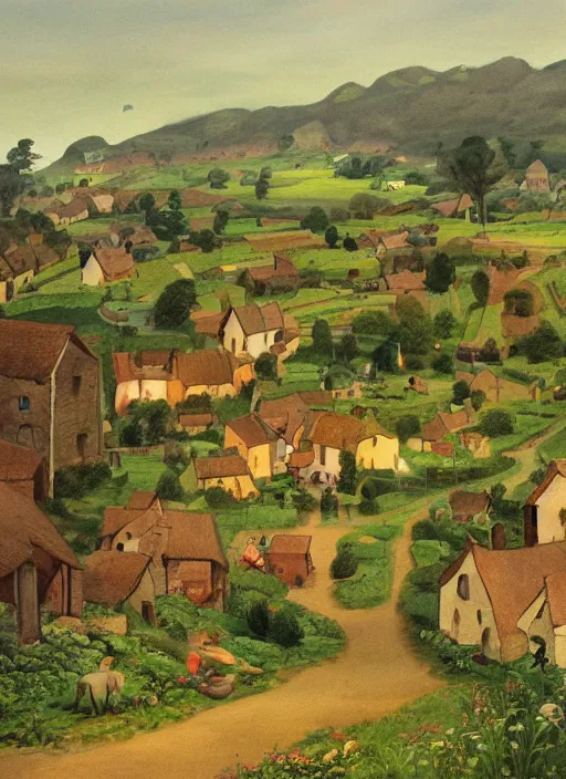 Image similar to painting of a village in the countryside, a storybook illustration by john wonnacott, behance contest winner, synthetism, matte drawing, detailed painting, storybook illustration