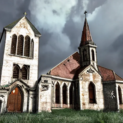 Prompt: abandoned european church, realistic, highly detailed, hd, unreal engine, guillermo del toro