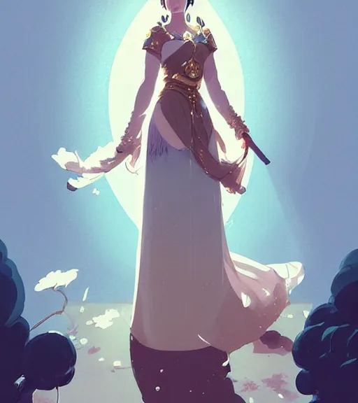 Image similar to portrait of a beautiful female immortal queen in complex and shiny dress 汉 服 by atey ghailan, by greg rutkowski, by greg tocchini, by james gilleard, by joe fenton, by kaethe butcher, dynamic lighting, gradient light blue, brown, blonde cream and white color scheme, grunge aesthetic