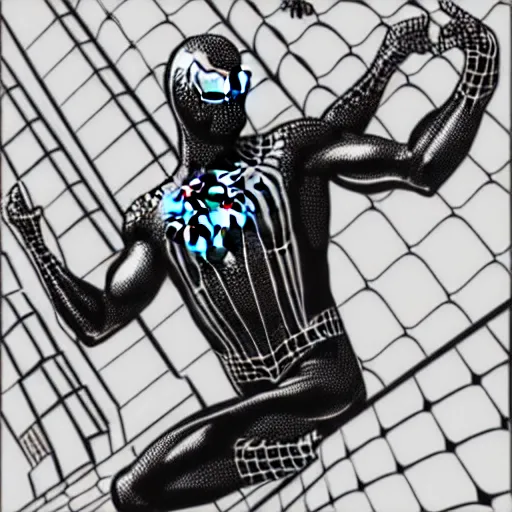 Image similar to book illustration of spiderman pointing at spiderman pointing at spiderman. book illustration, monochromatic, white background, black and white image